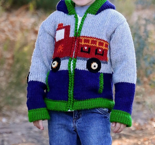 Little Cotton Dress Co. Boy's Zip Front Hooded Wool Sweater FireTruck Size 6 NWT
