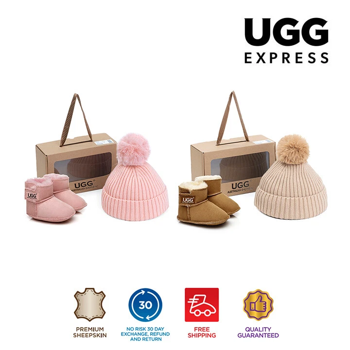 AUSTRALIAN SHEPHERD® UGG Baby Bootie Gift Pack Nonslip Boots Pom Pom Beanie