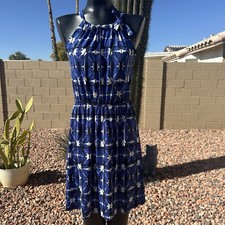 Womans Blue Pleated Tie Neck Sleeveless Sun Dress Size Small