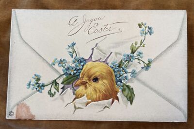 Antique 1917 postcard embossed A Joyous Easter chick