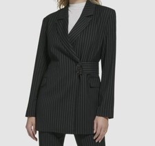 Calvin Klein Women's Black X-Fit Pinstripe Belted Blazer Jacket Size 8