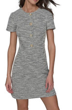 KARL LAGERFELD Paris Tweed Sheath Dress Black White Floral Buttons Sz 12  17148