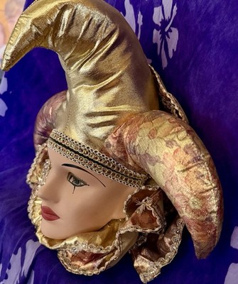 Vintage Clay Art Hand Painted Porcelain Ceramic Masquerade Jester Wall Mask