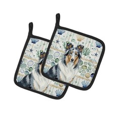 Caroline's Treasures Blue Merle Collie Coastal Sea Glass Pair of Potholders