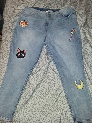 Hot Topic Sailor Moon Jeans Womens 5 Blue Cotton Denim Tapered Embroidered Faded