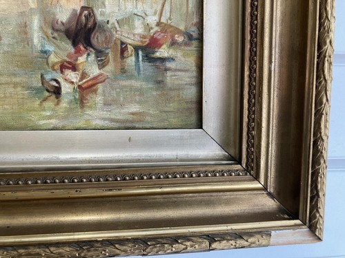 ANTIQUE OIL PAINTING 19th Century Turner School SHIPPING ON A VENICE CANAL - Picture 10 of 11