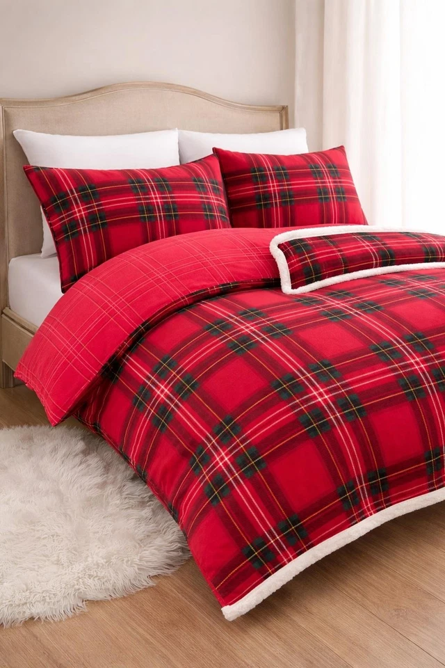 GEORGE HOME Red Check Brushed Cotton Double Duvet Set with Pillowcases