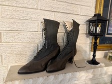 Antique Victorian Brown Leather and Grey CLoth Ladies Lace-Up Boots