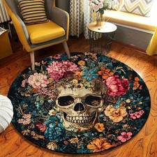 Floral Skull Round Mat-Bohemian Style,Lightweight Non-Slip Machine Washable Pol
