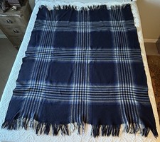 Vintage Wool Classic Tartan Plaid Throw Blanket 51x60 Shades Of Blue Fringe