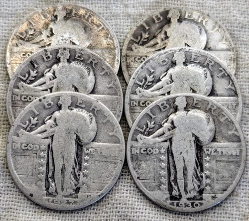 1925-1930 Lot of 6 Standing Liberty Quarters - .9 Fine Silver Coins