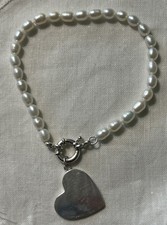 925 Sterling Silver Freshwater Pearl With Heart Charm Bracelet; 7.375 ; Dainty