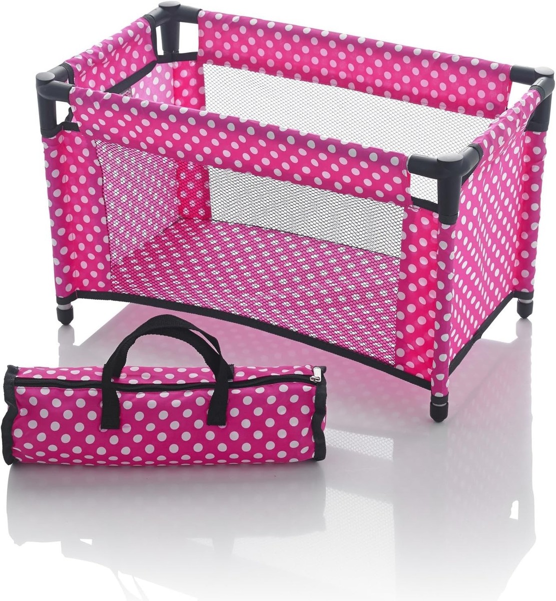 Molly Dolly Dolls Toy Travel Cot Bed Crib Bedding With Storage Bag Pink  Polka - Main Image