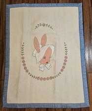 Vintage Pink Bunny Floral Baby Quilt Hand Embroidered Blue Satin Trim 39x37