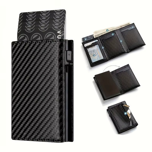 Men's RFID Wallet Automatic Pop Up Metal Card Holder Zip Coin Slim Biofold Purse