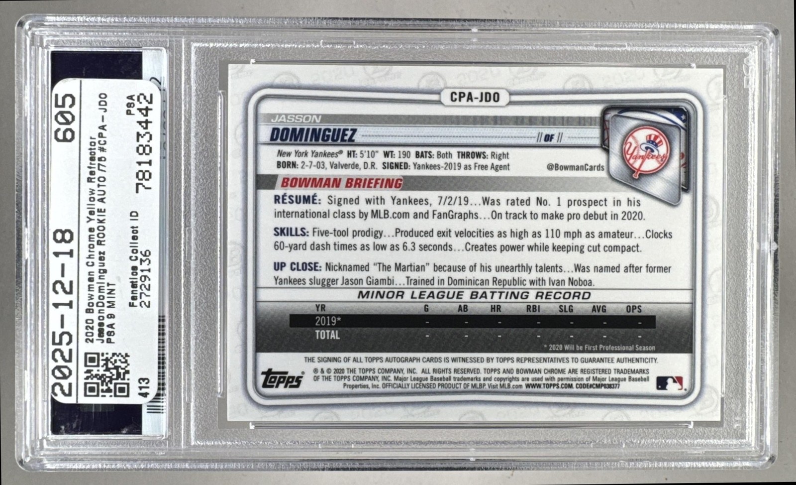 Jasson Dominguez 2020 Bowman Chrome Yellow Refractor 1st RC Auto 55/75 PSA 9 view 2