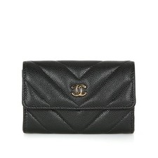 Authentic Chanel Chevron Caviar Flap Card Holder Wallet Black Gold AP0214