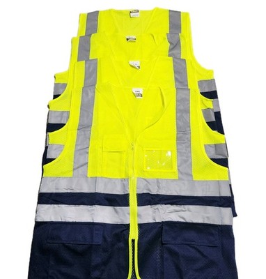 LOT OF 4 Likai Mesh High Vis Safety Vest Work Yellow Navy 3 Pockets XL NWOT