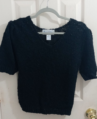Bermuda Run Black Crochet Short Sleeve Knit Cropped Sweater Size Small 