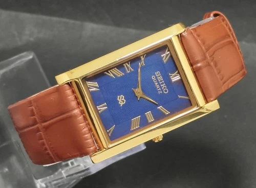 Vintage Seiko Slim Tank Quartz Blue Face New Battery Men's Wrist Watch