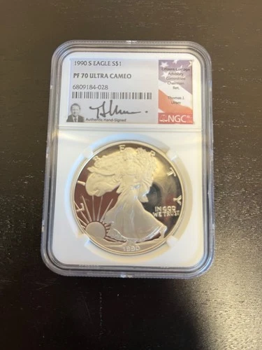 1990-S American Silver Eagle $1 NGC PF70 Ultra Cameo Thomas Uram Signed -RARE