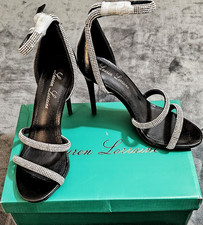 Lauren Lorraine Women's Black Synthetic Strappy Open Toe Rhinestone Heel Size 8