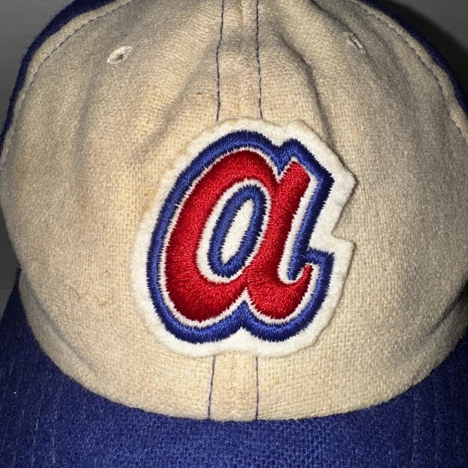 Vintage Atlanta Braves 70s 80s Cap Wool Blue Cream Elastic Back Green Brim - Image 3 of 4