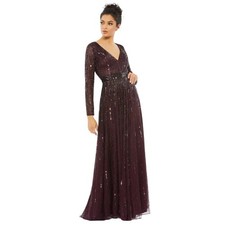 Mac Duggal 4977 Mulberry Sequined V Neck Illusion Sleeve A Line Gown Size 8 $598