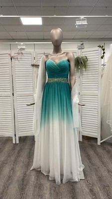 NEU LUXUAR MAGIC NIGHTS KLEID GR 42 CHIFFON TÜRKIS WEIß ABENDKLEID
