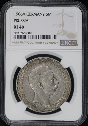 1906A German States Prussia Silver 5 Mark KM#523 NGC XF-40 - Toned Reverse!