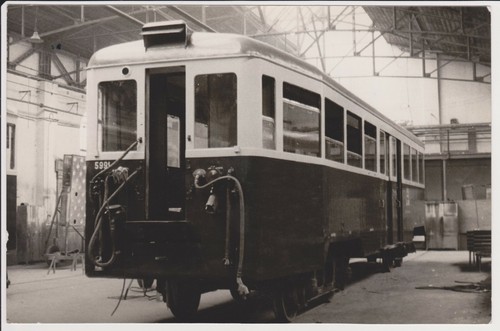 Trolley Street Train Car in Repair Maintenance Shop Black & White Photograph VTG