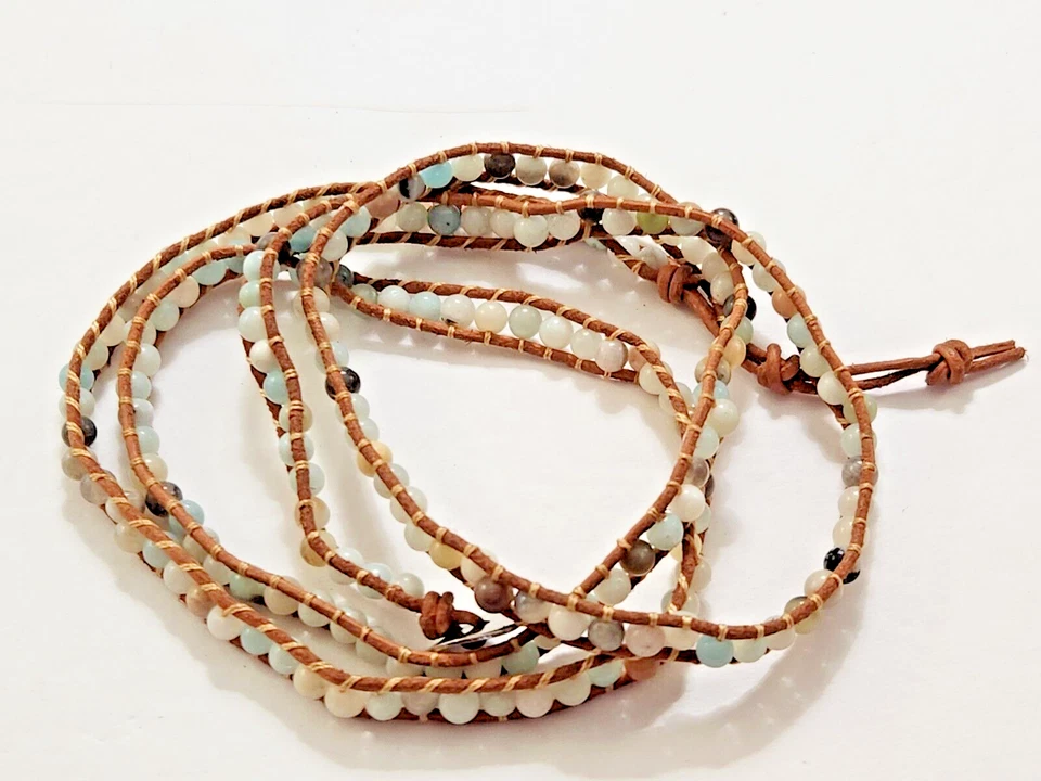 Pulsera envolvente de cordón de cuero con cuentas de piedra amazonita natural boho playa naturaleza hippie Foto 3 de 4