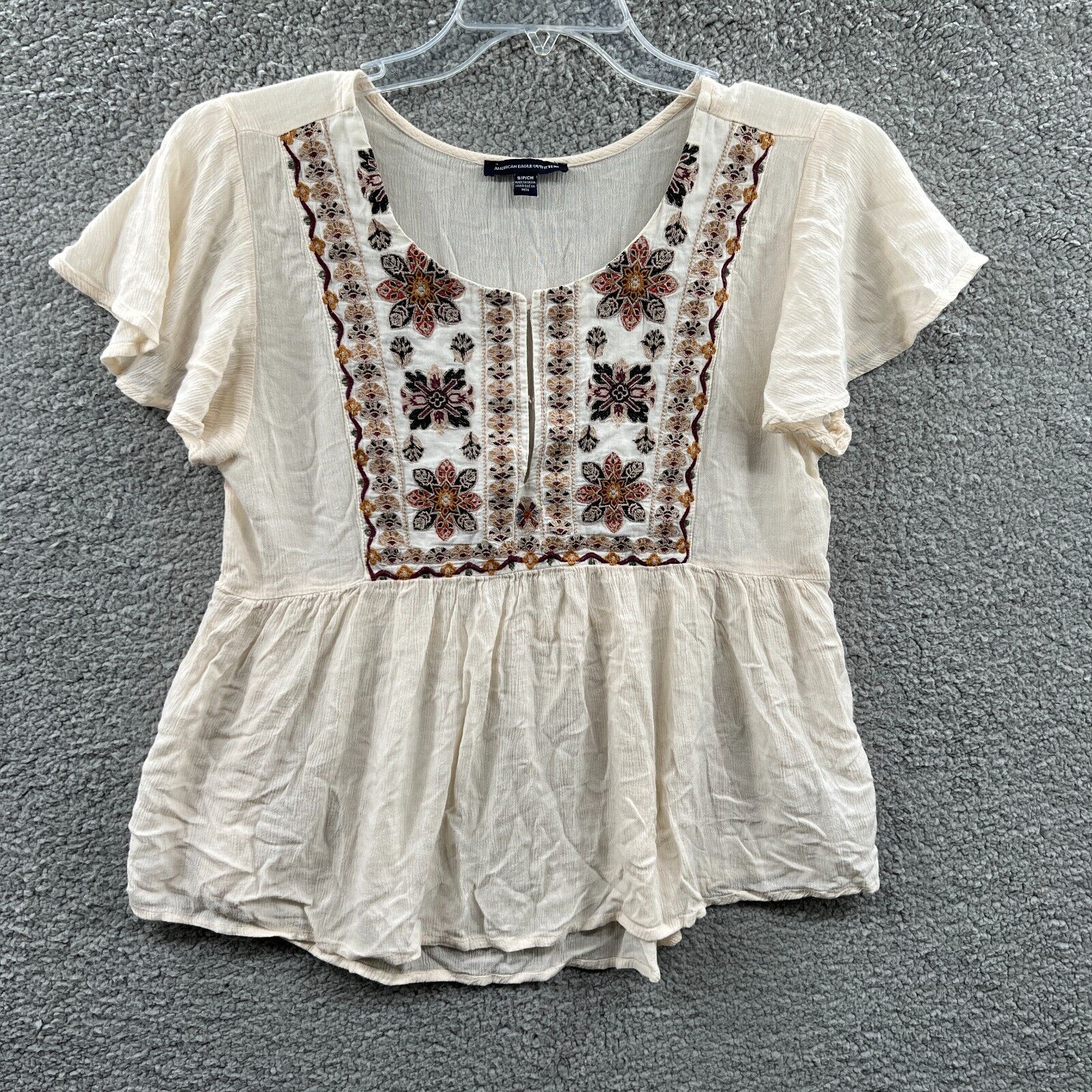 Anthropologie Pepin Women's Ivory Peasant Embroidered Floral Blouse Shirt Size S