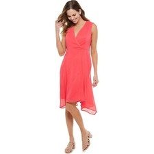 Chaps Women's Sleeveless Chiffon Sharkbite Hem Surplice Dress Size 4 Watermelon