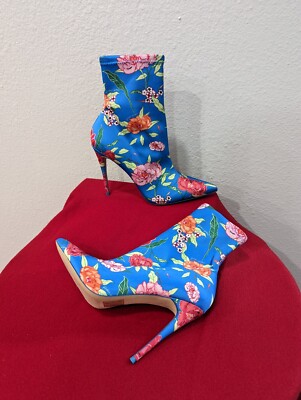 Aldo Blue Satin Floral Ankle High Heel Boots Women Size Pointed