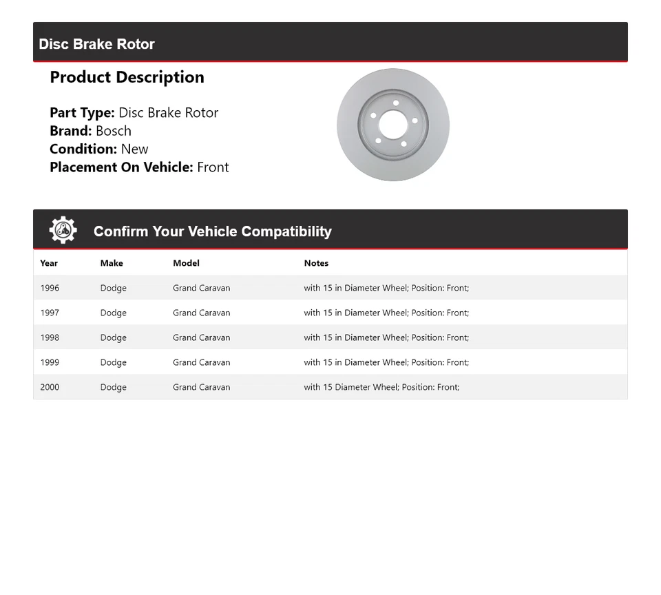 Rotor de freno de disco delantero 1997 para Dodge Grand Caravan Bosch QuietCast 1996-2000 Foto 2 de 4