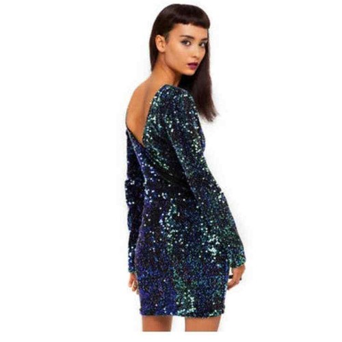 MOTEL ROCKS blue green black iridescent sequin Gabby long sleeve dress S |  eBay