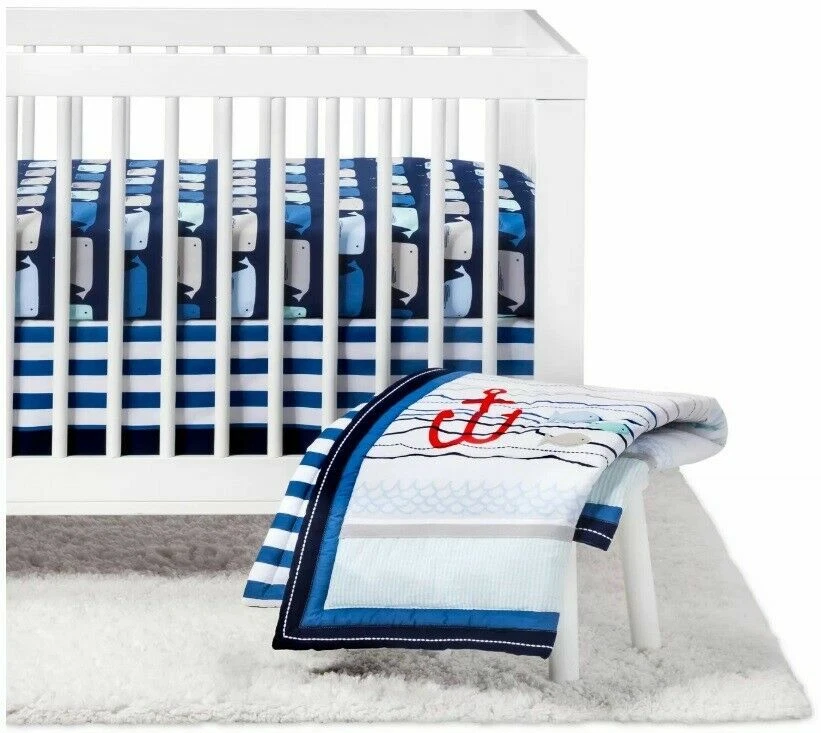 Cloud Island By The Sea 4 Piece Nursery Crib Bedding Set Blue White Boy Whales