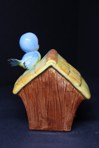 Vtg Ceramic Bluebird Birdhouse Coin Bank Kitsch Style 6" Tall - Picture 4 of 12