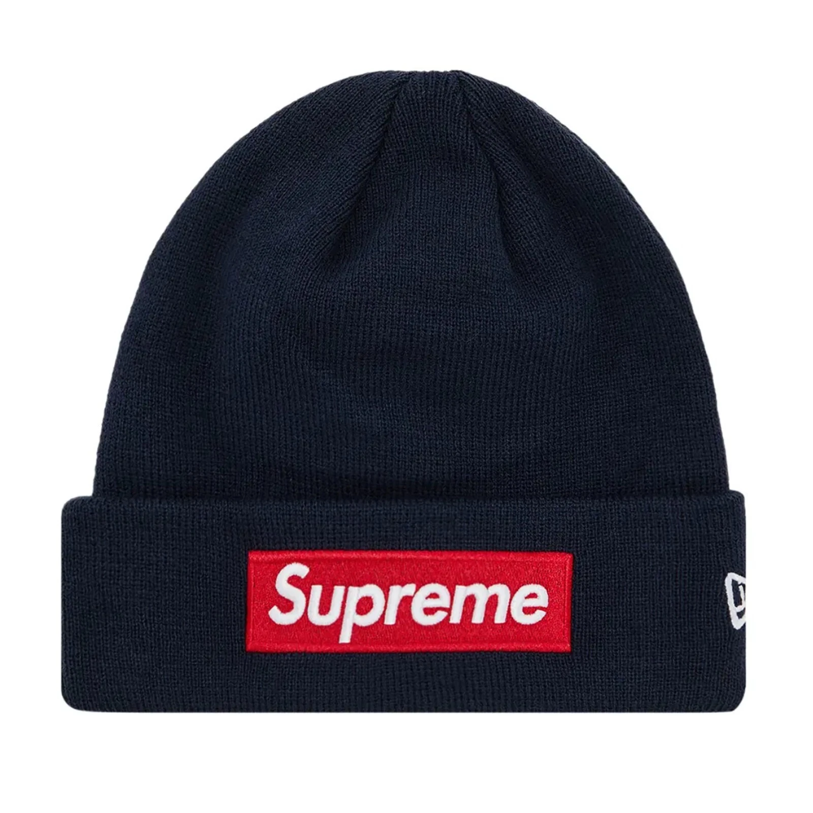 Bonnet bleu marine Supreme x New Era FW24 boîte logo