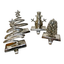 Lot 4 Silver Mantle Stocking Hangers Christmas Pinecone Star Trees Snowman