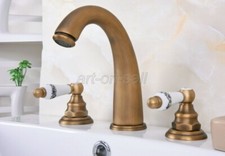 Antique Brass Bathroom Faucets Deck Mount Double Handle Hot Cold Mixer Sink Tap
