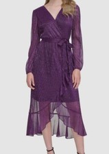 Kensie Women's Purple Ruffled Long Sleeves Faux-Wrap Dress Size 8