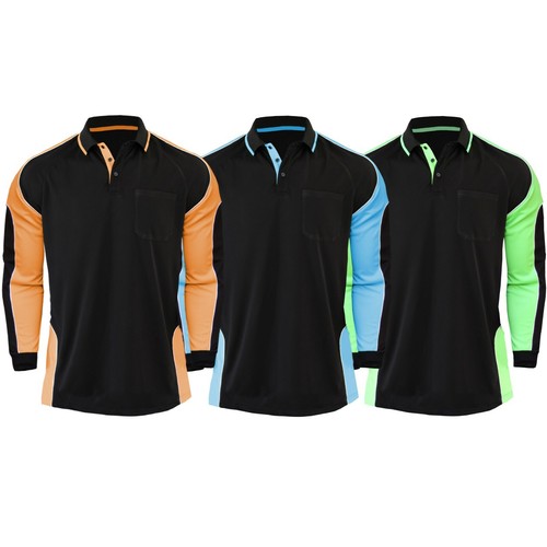 Work Polo Shirts Long Sleeve hi vis panel chest pocket quick dry Black Blue Pink - Picture 12 of 58