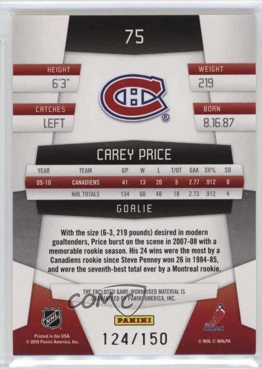 2010-11 Certified Mirror Red Dual Materials /150 Carey Price #75 - Image 2 of 2