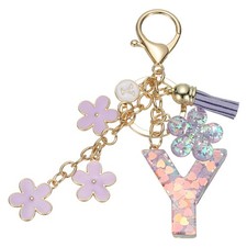 Alphabet Y Tassel Cherry Blossom Initial Letter Keychain Purple, Pack of 1 