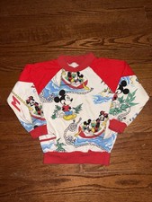 Vintage Disney Mickey Donald Minnie AOP Sweater Boys M White Pullover Sweatshirt