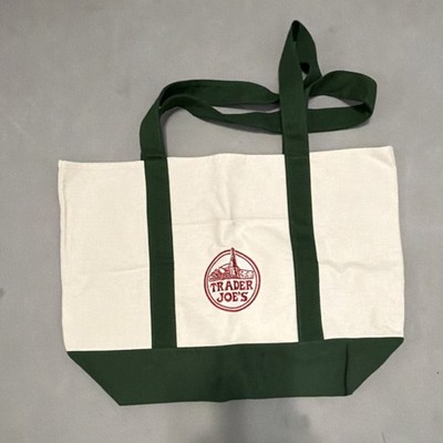 Trader Joe's - Large Canvas Tote Bag - Beige & Green - Foldable Shopping