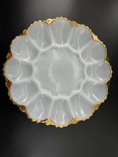 Vintage Anchor Hocking Fire King Milk Glass Deviled Egg Platter with Gold Trim