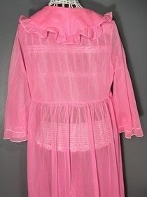 Vintage 60s Bubblegum Pink Long Peignoir Robe Empire Waist Chiffon Lingerie Med